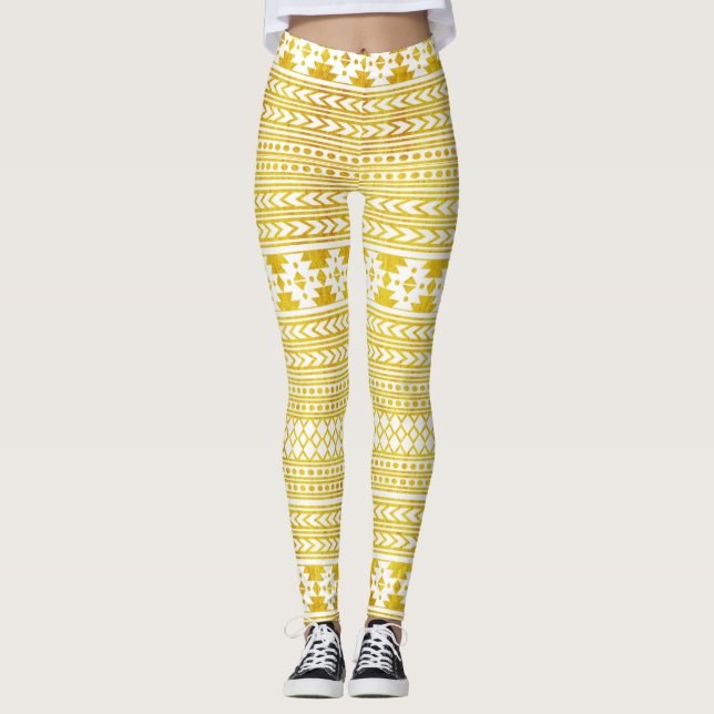 Elegant Gold And White Aztec Tribal Leggings (Front)