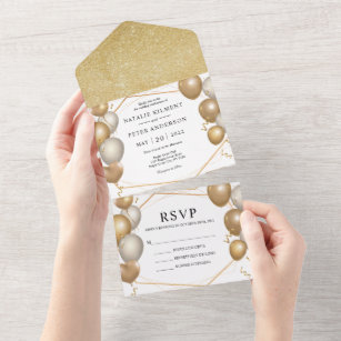Elegant Gold and White Balloons Gold Frame Wedding All In One Invitation