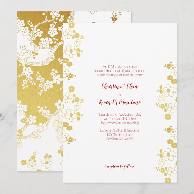 Elegant Gold and White Cherry Blossom Oriental Invitation (Front/Back)