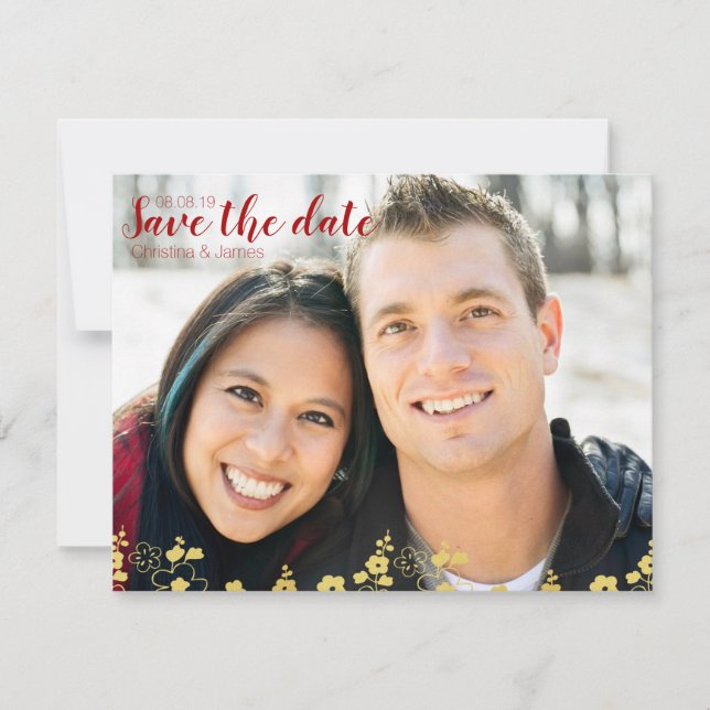 Elegant Gold and White Cherry Blossom Oriental Save The Date (Front)
