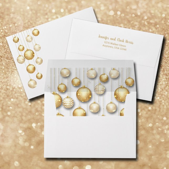 Elegant Gold and White Christmas Ornaments Envelope (Gold and white Christmas tree ornaments envelopes, FREE return address on back)