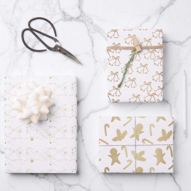 Elegant Gold and White Christmas Wrapping Paper Sheet (Front)