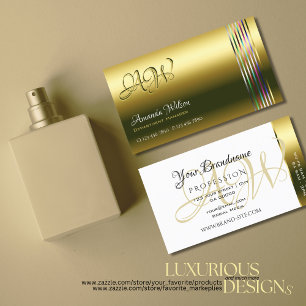 Elegant Gold and White Colourful Stripes Monogram Business Card