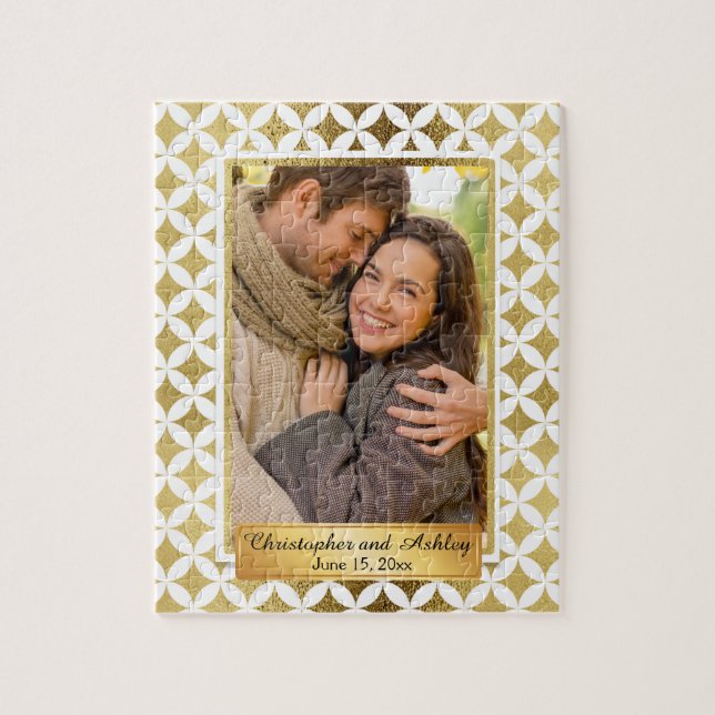 Elegant Gold and White Couple Photo Puzzle (Vertical)