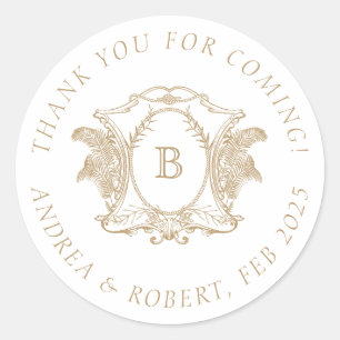 Elegant Gold and White Crest Monogram Classic Round Sticker
