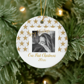 Elegant Gold and White Custom Your Photo & Text Ceramic Tree Decoration