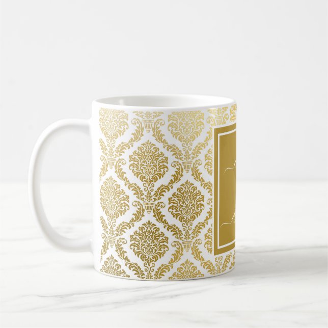 Elegant Gold and White Damask Personalised  Coffee Coffee Mug (Left)