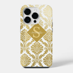 Elegant Gold and White Damask Print Personalised iPhone 14 Pro Case
