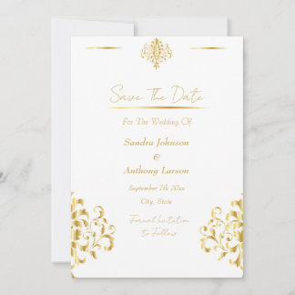 Elegant Gold and White Damask Save The Date