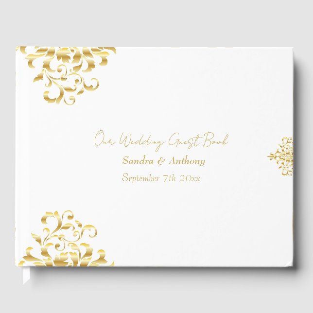 Elegant Gold and White Damask Wedding Guest Book (Front)