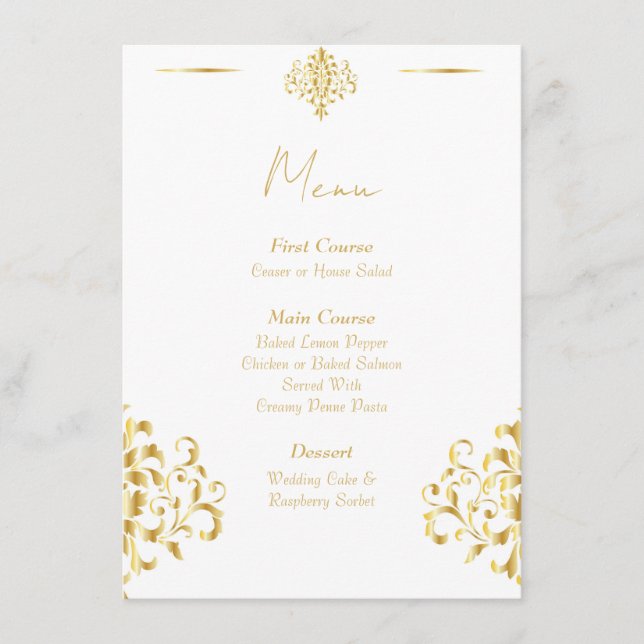 Elegant Gold and White Damask Wedding Menu (Front)
