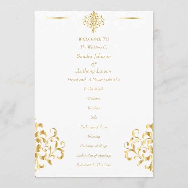 Elegant Gold and White Damask Wedding Programme (Front)