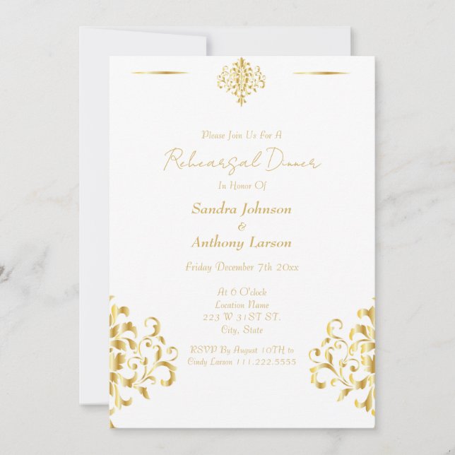 Elegant Gold and White Damask Wedding Rehearsal Invitation (Front)