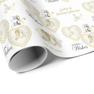 Elegant Gold and White Dove Wedding Hearts Wrapping Paper
