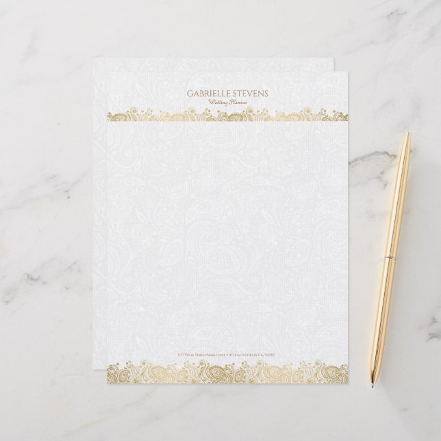 Elegant Gold And White Floral Paisley Lace Custom Letterhead (Front/Back In Situ)