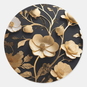 Elegant  Gold and White Flowers Pattern  Classic Round Sticker