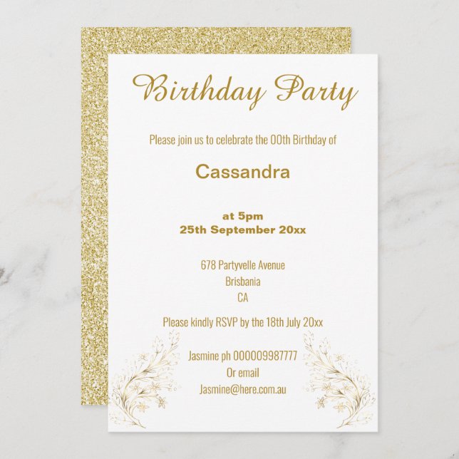 ELEGANT GOLD AND WHITE GLITTER  BIRTHDAY INVITATION (Front/Back)