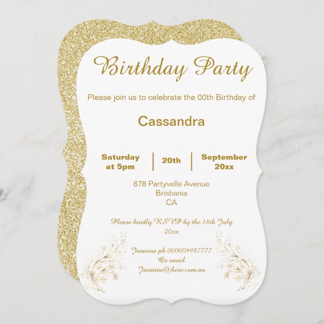 ELEGANT GOLD AND WHITE GLITTER CUSTOM BIRTHDAY INVITATION (Front/Back)