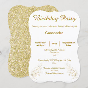 ELEGANT GOLD AND WHITE GLITTER CUSTOM BIRTHDAY INVITATION