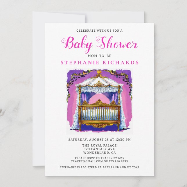 Elegant Gold And White Lace Crib Baby Shower Pink Invitation (Front)