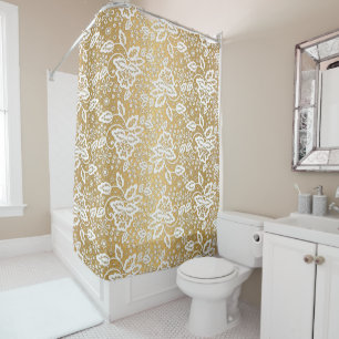 ELEGANT GOLD AND WHITE LACE SHOWER CURTAIN