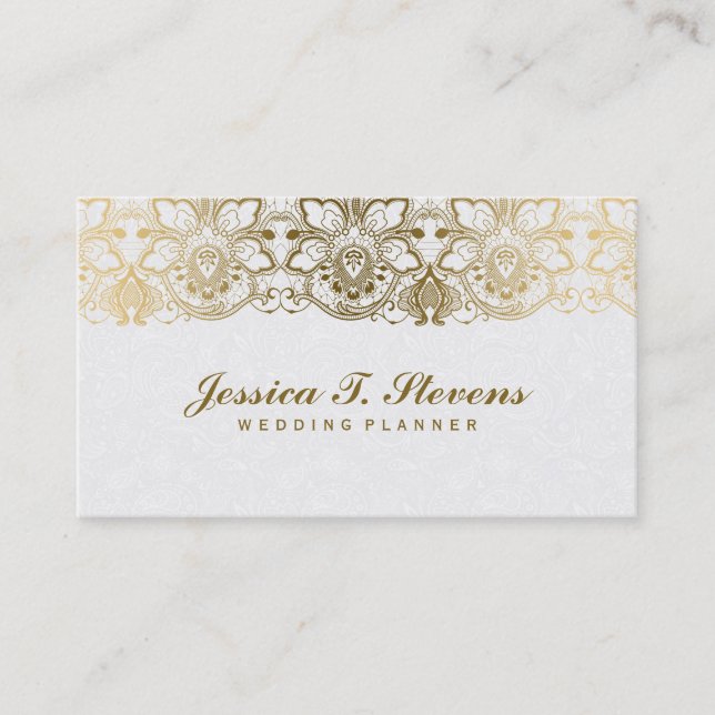 Elegant Gold And White Lace Wedding Planner Business Card (Front)
