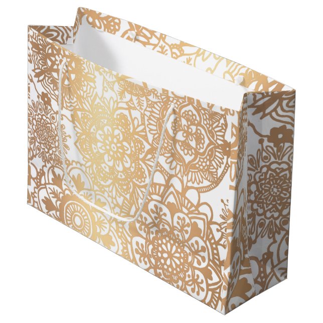Elegant Gold and White Mandala Pattern Large Gift  Bag (Front Angled)