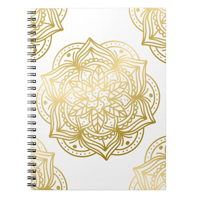 Elegant Gold and White Mandala Pattern Notebook (Front)