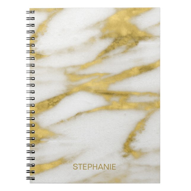 Elegant Gold and White Marble Pattern with Name Notebook (Front)