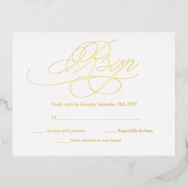 Elegant Gold and White Modern Wedding RSVP Cards (Front)