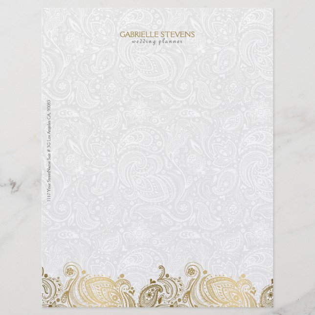 Elegant Gold And White Paisley Lace Personalized Letterhead (Front)