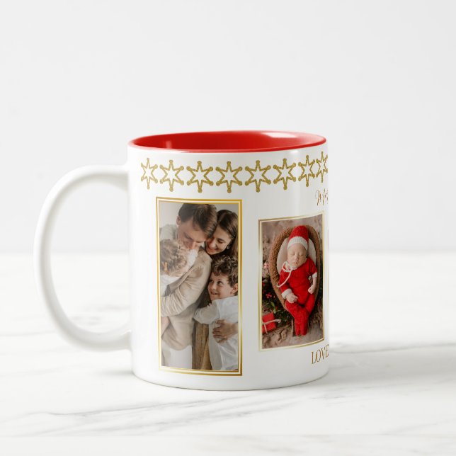 Elegant Gold and White Photo Collage Christmas Two-Tone Coffee Mug (Left)