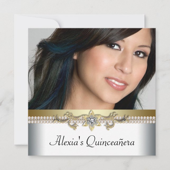 Elegant Gold and White Photo Quinceanera Invitation (Front)