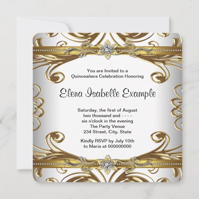 Elegant Gold and White Quinceanera Invitations (Back)