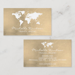 Elegant Gold and White Travel Agent World Map     Business Card