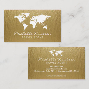 Elegant Gold and White Travel Agent World Map     Business Card