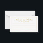 Elegant Gold and White Wedding Advice and Wishes Card<br><div class="desc">Beautiful Elegant Gold and White Wedding Advice and Wishes Card
featuring your information in gold elegant font style with gold rectangle border.

Click on the customise it button to personalise the design.

Please note that gold foil shown on product is a printed effect,  not an actual gold foil.</div>