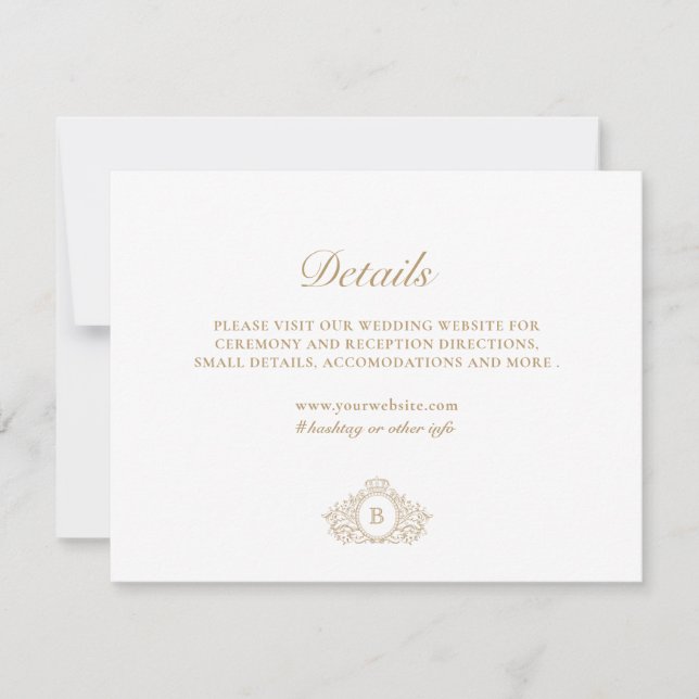 Elegant Gold and White Wedding Details Card (Front)