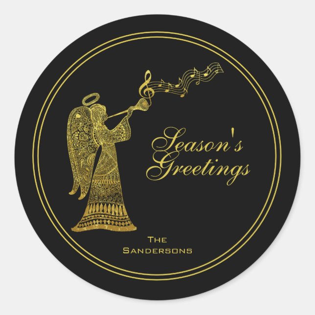 Elegant Gold Angel on Black Christmas Classic Round Sticker (Front)