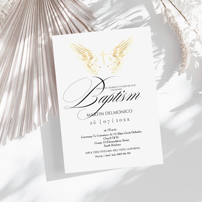 Elegant Gold Angel Wings Typography Cross Baptism  Invitation (Creator Uploaded)