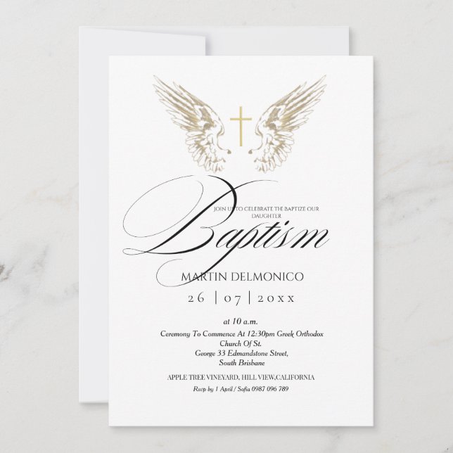 Elegant Gold Angel Wings Typography Cross Baptism  Invitation (Front)