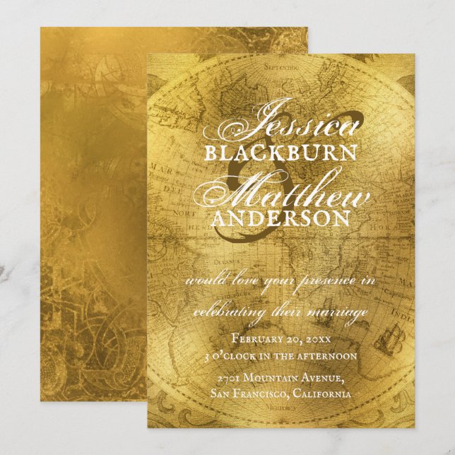 Elegant Gold Antique Old World Map Wedding Invitation (Front/Back)