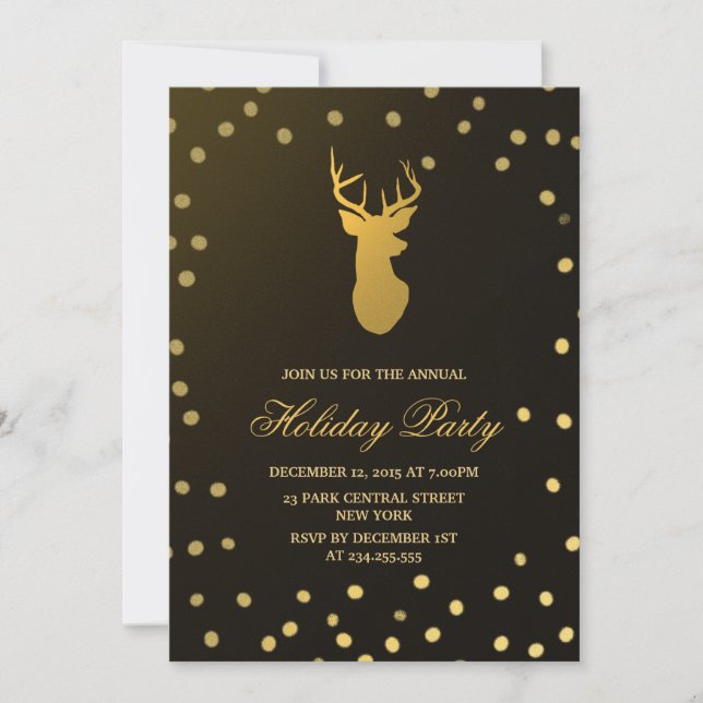 Elegant Gold Antler Gold Confetti Holiday Party Invitation (Front)