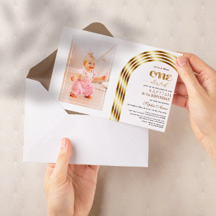 Elegant Gold Arch Baptism 1st Birthday Girl Photo  Invitation