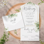 Elegant Gold Arch Botanical Greenery Wedding All In One Invitation<br><div class="desc">All in one wedding invitation featuring botanical greenery rustic leaves falling across a gold arch enclosing elegant typography. The invitation includes a perforated RSVP card that’s can be individually addressed or left blank for you to handwrite your guest's address details. Designed by Thisisnotme©</div>