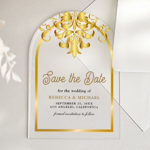 Elegant Gold Arch Damask Wedding Save the Date Acrylic Invitations
