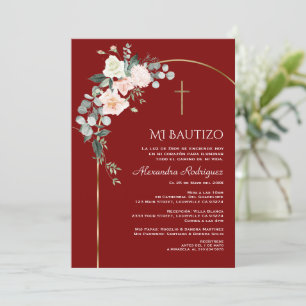 Elegant Gold Arch Floral Burgundy Spanish Bautizo  Invitation