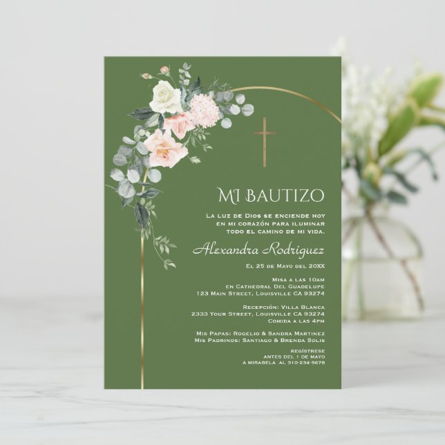 Elegant Gold Arch Floral Sap Green Bautizo Invitation (Standing Front)