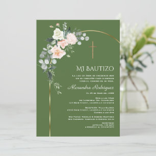 Elegant Gold Arch Floral Sap Green Bautizo Invitation