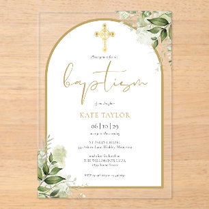 Elegant Gold Arch Greenery Floral Foliage Baptism Acrylic Invitations